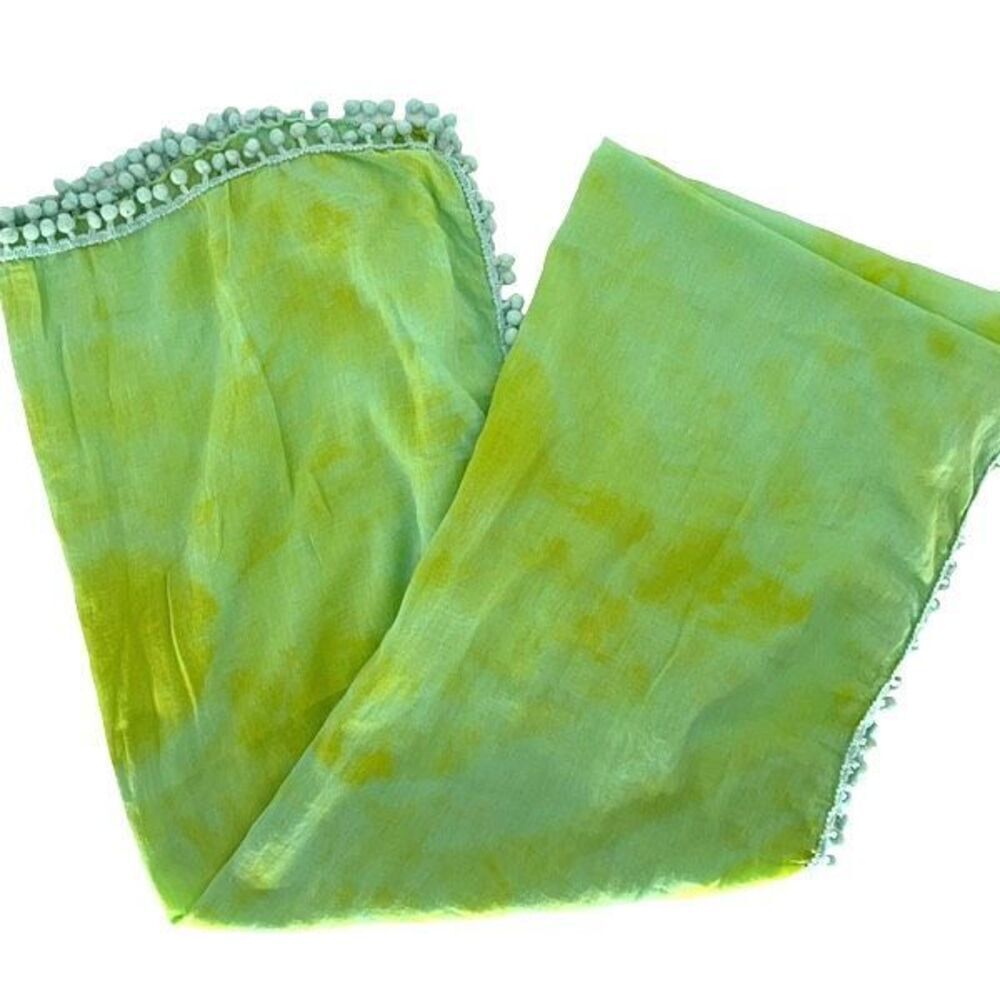 Natural Life‎ Womens Tie Dye Pompom Edges Cotton Wrap Scarf Green 24.5"x 75”
